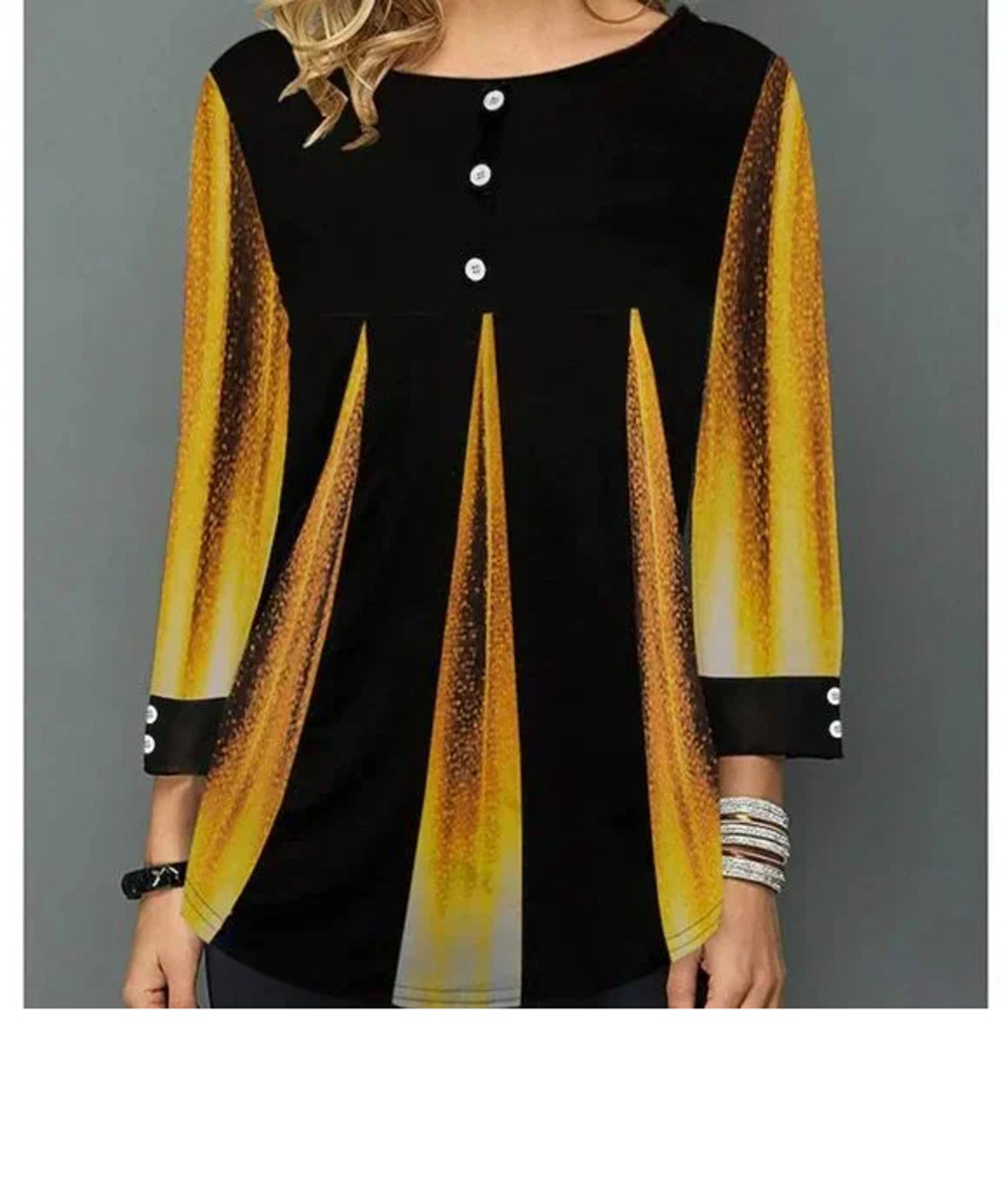 Casual Top Loose Contrast Color Printing Blouse, Round Neck - Size M